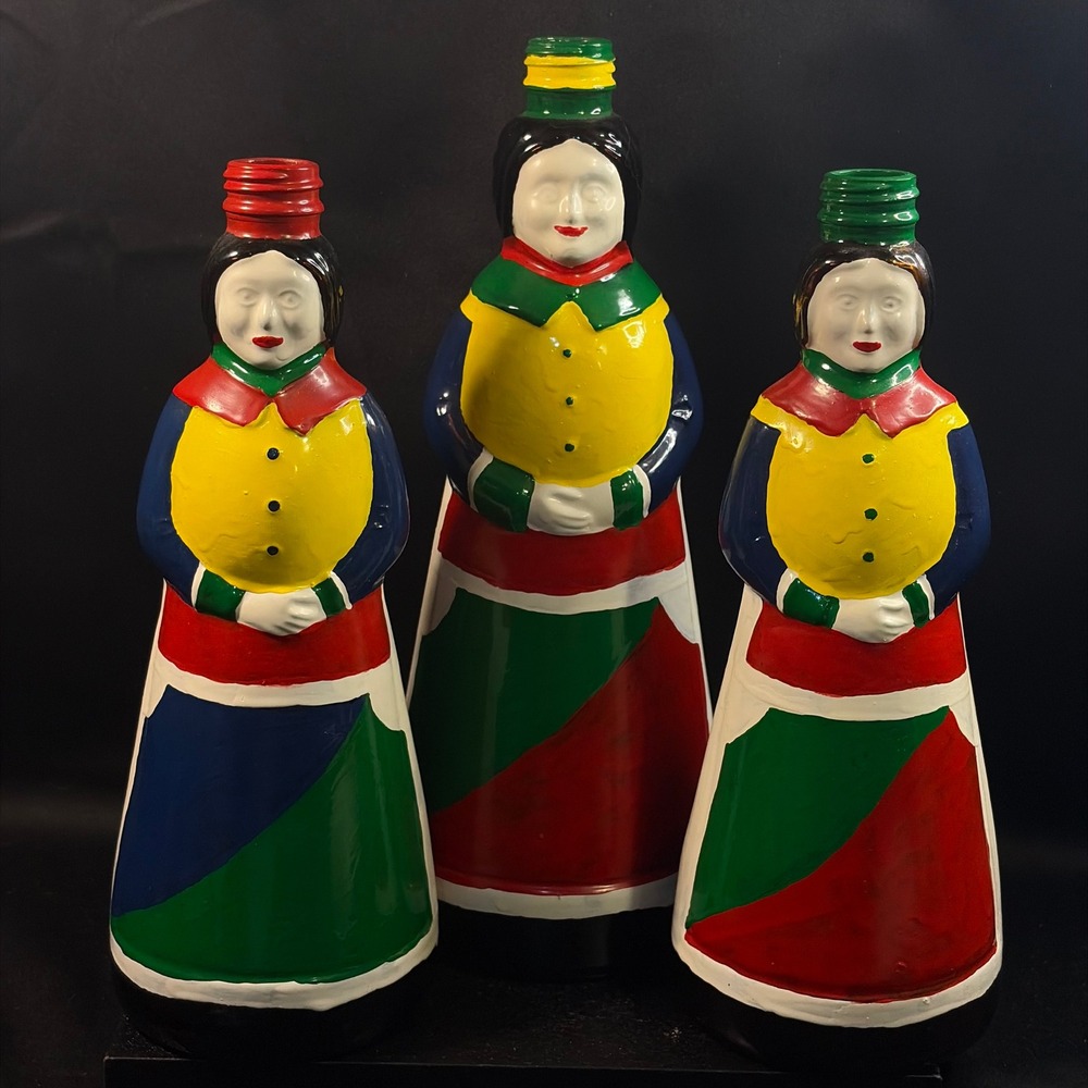 Vintage Kerr Glass Hand Painted Figural Bottles Set 3 Folk Art Woman Yellow Red